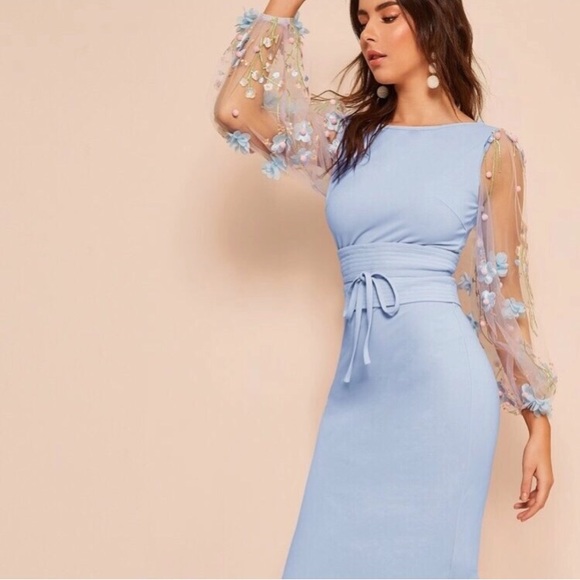 New Floral Sheer Puffy Sleeve Spring Dress - Picture 5 of 8